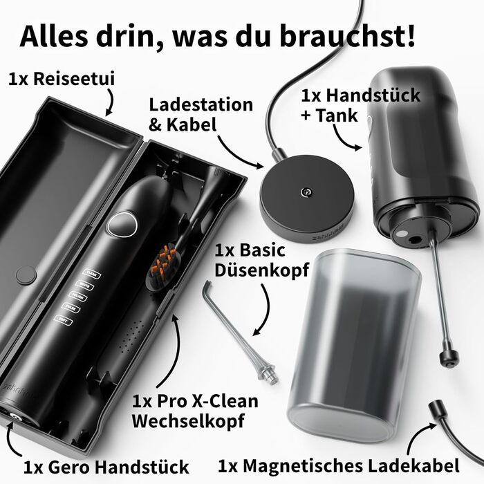 Електрична зубна щітка та іригатор Zahnheld Gero G3 AQUADENT чорного кольору: звукова щітка, очищення міжзубних проміжків, датчик тиску, таймер, USB-C
