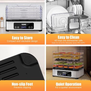 Електричний дегідратор YASHE з нержавіючою сіткою, 5-ярусний, 400W, з таймером для м'яса, фруктів, овочів, трав та собачих ласощів. 5 ярусів з нержавіючої сталі