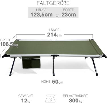 Розкладне ліжко для кемпінгу EVER ADVANCED XXL (214x106 см), посилене кемпінг-ліжко до 300 кг для відпочинку на природі, пляжі та вдома (Зелене)