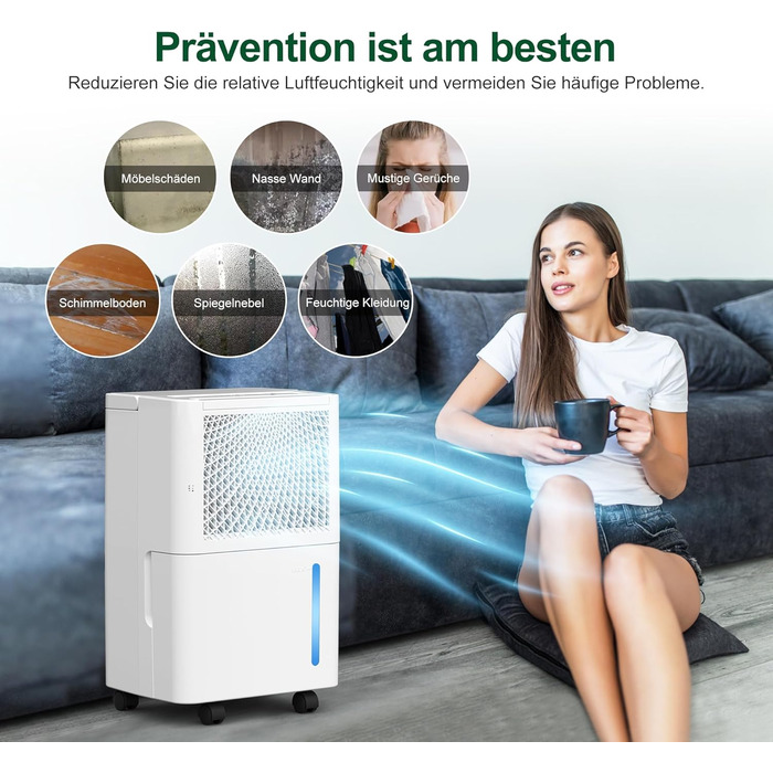 Електричний осушувач повітря PHILODECO 10л/день з режимом сушіння, 2л бак, таймер 24г, автовимкнення, ролики та ручка для підвалу, ванної, спальні