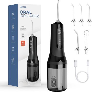 Електрична ірigator для порожнини рота Munddusche: покращена модель 2025, 260 мл резервуар, IPX7 водонепроникність, 5 насадок, 4 режими, для подорожей та дому. Чорний
