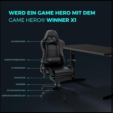 Ігрове крісло Game Hero Winner X1 з підставкою для ніг, функцією відкидання та регульованими по висоті підлокітниками - Офісне крісло преміум-класу Ергономічне письмове крісло для геймерів - З можливістю завантаження до 125 кг - Штучна шкіра - (Чорний)