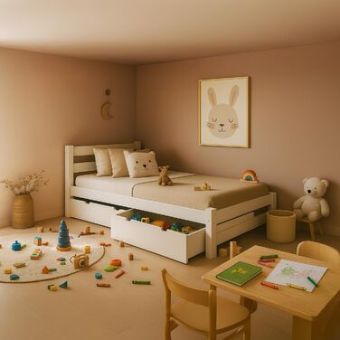Ліжко дитяче Вробель Kinderbett 90x200 см з 2 шухлядами та ламелями - односпальне ліжко з масиву сосни - ліжко Монтессорі для дітей та підлітків, біле - без матрацу 90 x 200 см
