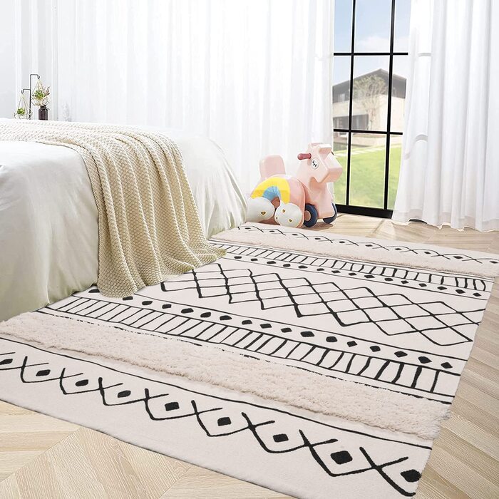 Бавовняний килим SHACO, ворсистий бавовняний килим, що миється ретро-килим з принтом, білий, чорний килим, бігун, килим для передпокою з пензликами, килими в стилі бохо для вітальні, спальні, вхідних дверей, 60x130 см (120x180 см)