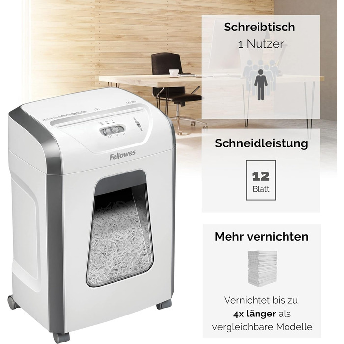 Fellowes знищувач паперу P4, 12 листів, перехресне різання, 19 л кошик, для офісу та дому, FS-12C, знищення кредитних карт, білий