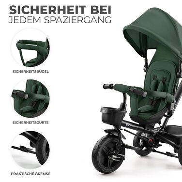 Триколісний велосипед Kinderkraft AVEO для дітей від 9 місяців до 25 кг, з батьківською ручкою, компактно складається, обертовий сидіння, розкладний козирок з захистом від сонця, тримач для напоїв, кошик в комплекті, зелений