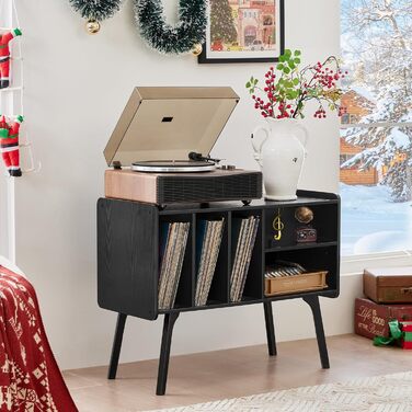 Сумка-органайзер для вінілових платівок LELELINKY: стійка з 4 полицями на 220 платівок, з міцних дерев'яних ніг, Mid-Century дизайн, чорний колір