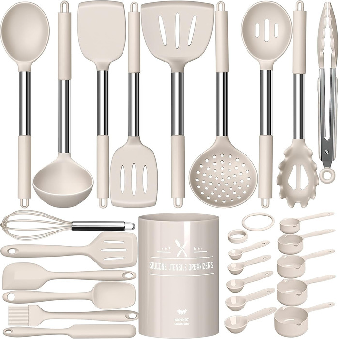 Набір кухонних помічників, 26 предметів: силіконове кухонне приладдя з нержавіючою сталею, стійке до нагрівання, з підставкою, антипригарне, для посудомийної машини - Хакі