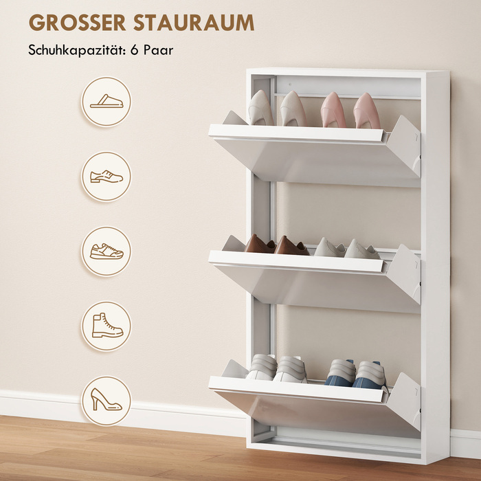 Металева шафа для взуття з 3 похилими полицями, вузька настінна шафа для 6 пар взуття, біла