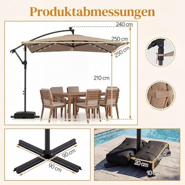 Парасолька від сонця COSTWAY 250x250 см з підставкою та LED-підсвіткою, квадратна садова парасолька з ручкою-курбою, UV-захист, бежева