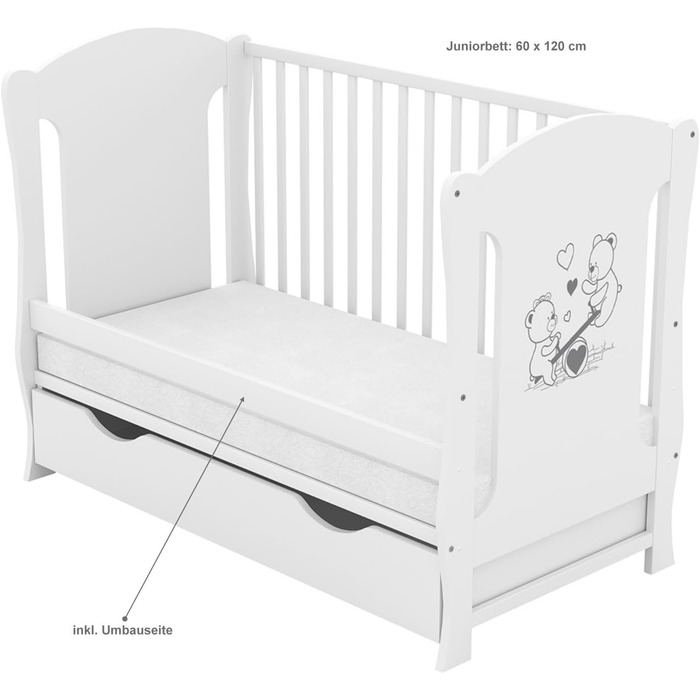 Дитяче ліжко Baby Delux 60x120 біле розкладне молодше ліжко з ящиком, матрацом і мотивом Teddy Rocker