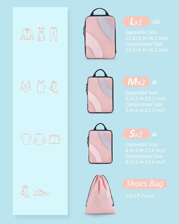 Набір компресійних органайзерів для подорожей BAGSMART, 6 шт, органайзери для одягу в валізу та ручну поклажу, рожевий