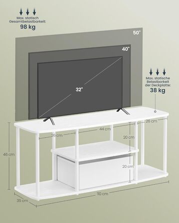 Тумба під телевізор SONGMICS для телевізорів до 50 дюймів, 110 x 35 x 46 см, білий матовий, LTV500W01