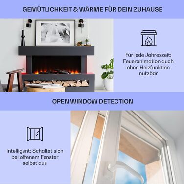 Електрокамін Klarstein Light & Fire 3 Smart, 2000 Вт, LED-імітація полум'я, з дистанційним керуванням, таймером, настінний, корпус MDF, чорний