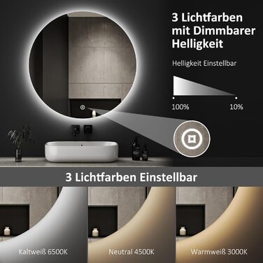 Круглий дзеркало для ванної кімнати Boromal з годинником та підсвічуванням, 60 см, 3 кольори світла, регулювання яскравості, LED, сенсорне управління, Стиль Jd