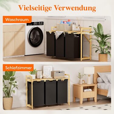 Кошик для білизни Lifewit з бамбуковим каркасом, 150л, 3 відділення, білий/чорний