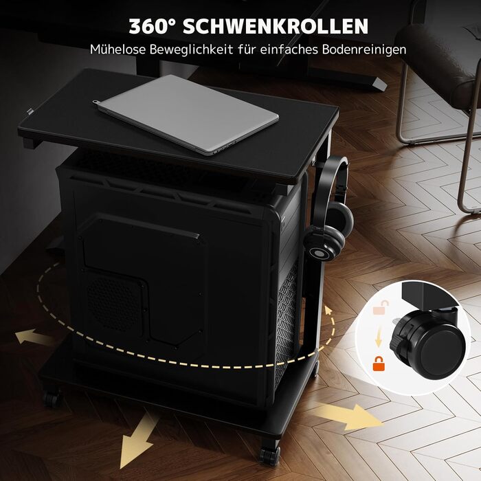 Підставка для ПК з регулюванням висоти PUTORSEN, 2 рівні, з роликами та підкладкою для миші, чорний Full-Tower (до 40 кг/рівень)