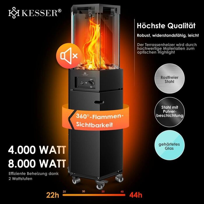 Газовий обігрівач KESSER® 4/8 кВт з п'єзозапалюванням, регулятором тиску газу та захисним кожухом. 360° поворот, захист від перекидання. Підходить для тераси, вулиці, кемпінгу. Чорний колір.