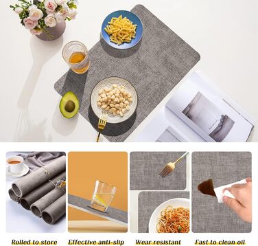 Набори підставки під тарілки Purejoy Platzsets, 6 шт., сірі, миючі, з ПУ шкіри, стійкі до ковзання та тепла, 43x30 см, для дому, кухні, обіднього столу