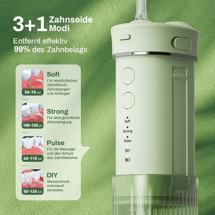 Портативний електричний іригатор для зубів JTF Munddusche Mini (зелений): 4 режими, 5 насадок, 230 мл, водонепроникний IPX7