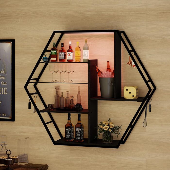 Підвісні полиці YU YUSING з RGB підсвічуванням (7 кольорів), з 8 гачками, для ігор, декору, спальні, кухні, бару, ігрової кімнати, гексагональної форми, 100x20x87 см