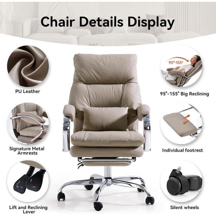 Офісний крісло EMIAH з підніжкою: ергономічний крісло для офісу та дому, з PU шкіри, підніжкою, підлокітниками та колесами. Підходить для роботи за комп'ютером та ігор. Колір: хакі. Без функції масажу.