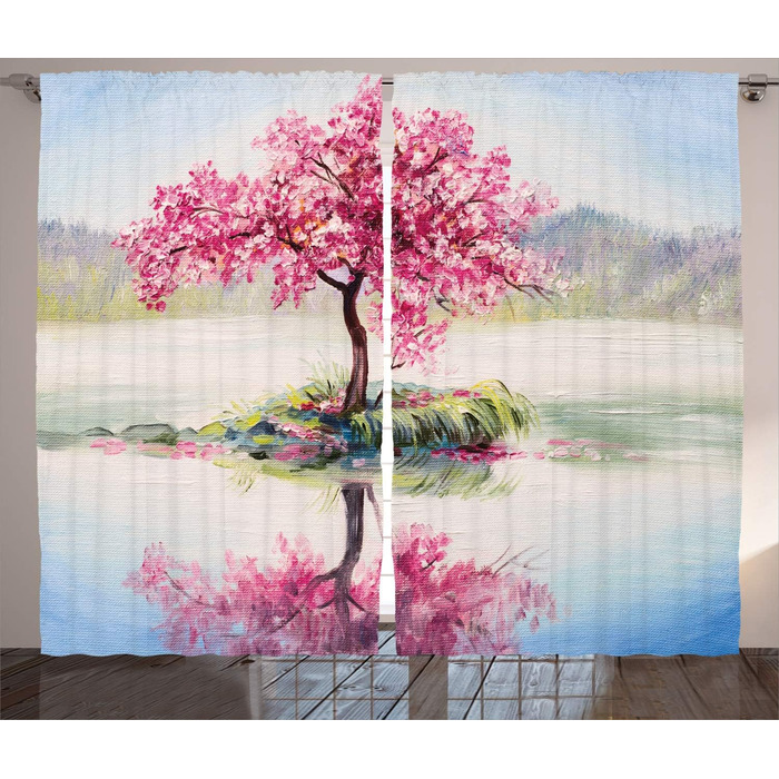 Штора з сакури в сільському стилі, японська вишня, штора зі стрічкою для спальні з рюшами з петлями та гачками, 280 x 245 см, рожево-зелений