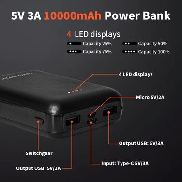 Павербанк LUXHOMY 10000mAh для жилета/куртки з підігрівом, USB-C та мікровходи, 2 USB-виходи, одяг 5V