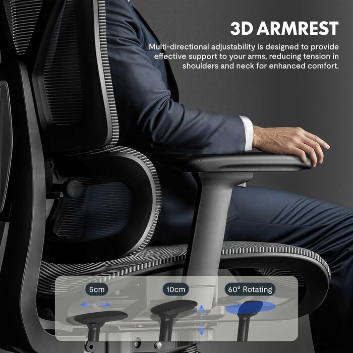 Офісний стіл FLEXISPOT C7 Lite-Mesh: ергономічний крісло з 3D підлокітниками, 3D підголівником та 5D спинкою. Макс. навантаження 130 кг, сірий колір.