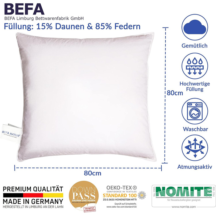 Подушка BEFA NATUR Made in Germany 40х80 см з 15 пухом і 85 пір'ям 1 класу, біла, вага наповнювача 600г. Підходить для алергіків (номіт), Downpass (2 шт. и) (80 х 80 см (2 шт. и))