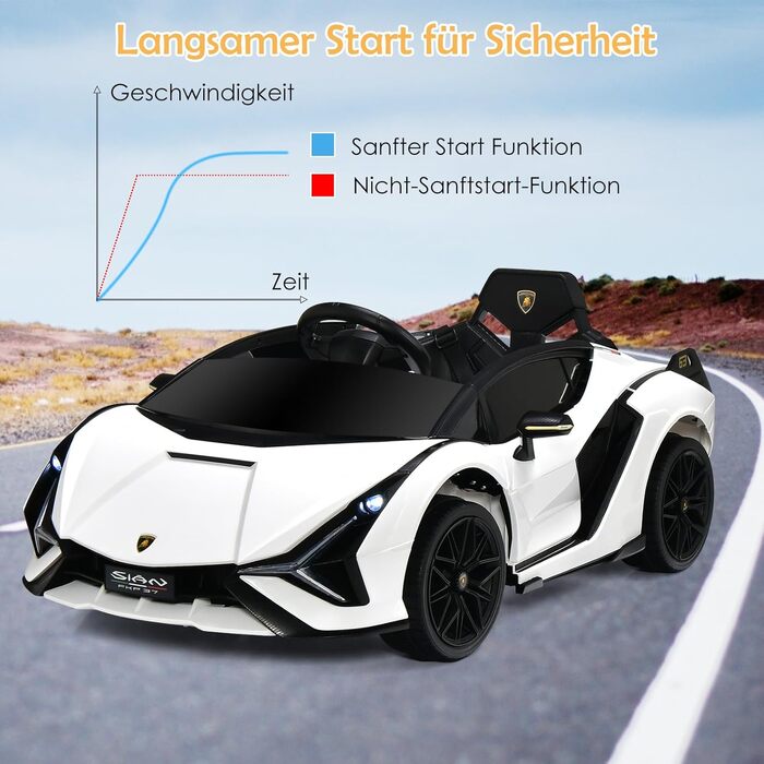 Електромобіль для дітей DREAMADE Lamborghini 12V з дистанційним керуванням, ременем безпеки, підсвіткою, музикою та сигналом, білий, для дітей від 3 років