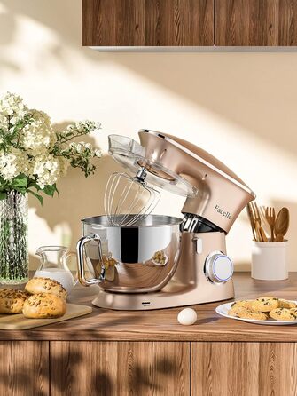 Кухонна машина-міксер Facelle 2000W з чашею 8,5L (6+ швидкостей) для випічки, тіста, міксування, з набором насадок (снігобій, гак для тіста, вінчик) та захистом від бризок, колір Champagne