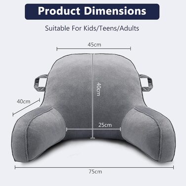 Лежак-крісло для читання, подушка для відпочинку в ліжку для дорослих та дітей, м'яка спинка з підлокітниками, кишенями та ручкою, сірий колір