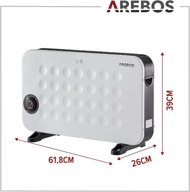 Конвектор Arebos 2000 Вт 3 потужні налаштування нагріву Регульований термостат Енергозбереження Захист від перегріву Мобільний обігрівач з функцією таймера Турбоповітродувка, що перемикається Білий