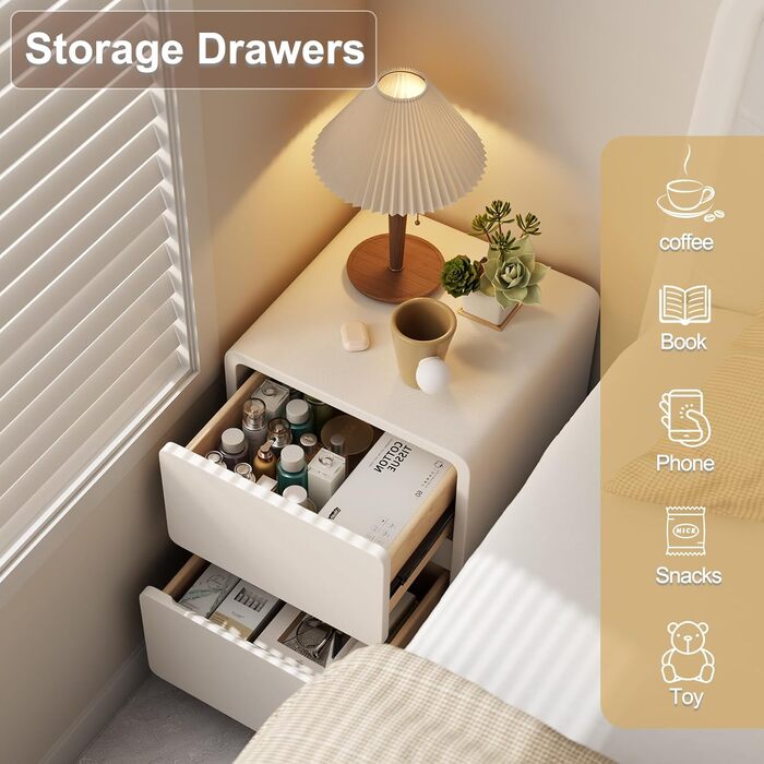 Нічний столик AQIMUELE, білий, з 2 шухлядами, ширина 30 см, без встановлення, з екошкірою