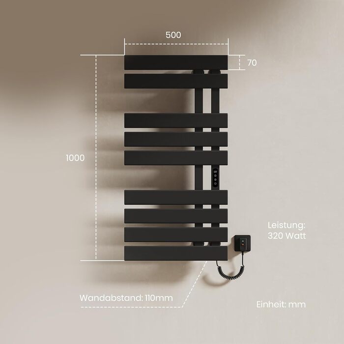 Електричний рушникосушар EMKE з Wi-Fi, 1000 x 500 мм, 320W (правий), чорний. Сумісний з Alexa та Google Home