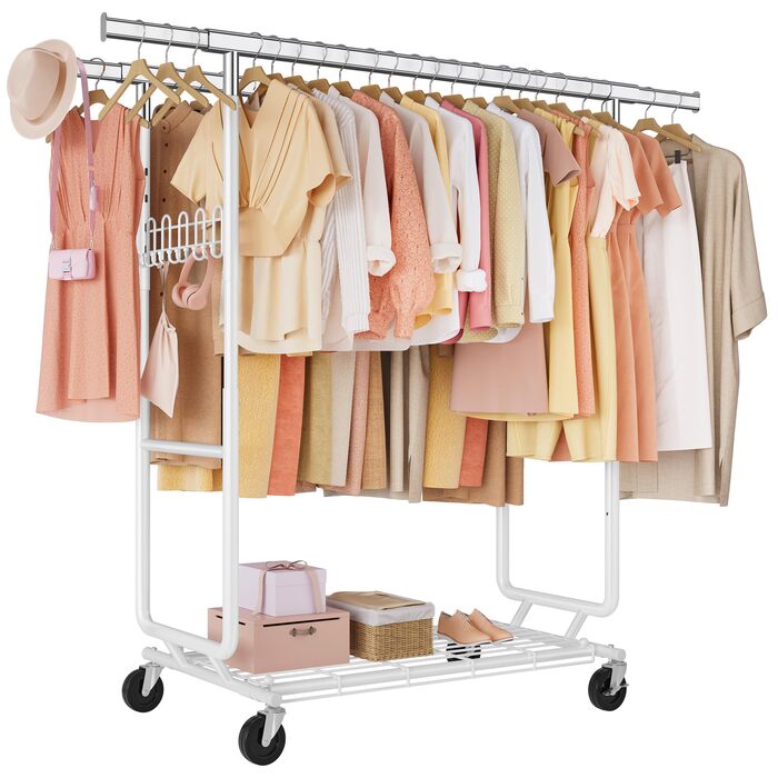 Стійка для одягу на колесах FAVOOOSTY, металева, мобільна, до 200 кг, швидка установка, біла, 2 стяжки