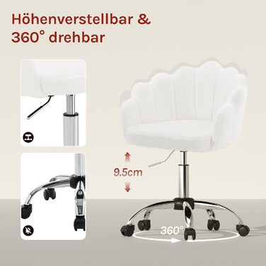 Крісло WOLTU для офісу та дому, крісло до туалетного столика з м'якою спинкою у вигляді пелюсток, поворотне з колесами, регульоване по висоті, для робочого кабінету, спальні, (кремово-білий, кашеміровий матеріал)