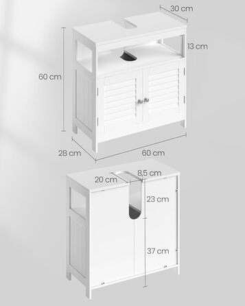 Тумба під умивальник, багато місця для зберігання, жалюзійні дверцята, 2 відділення, 60x60x30 см, білий BBC02WT