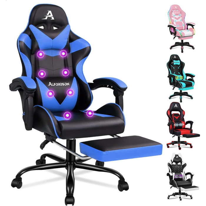 Ігровий крісло Alfordson з підніжкою, масажем, регулюванням на 150° та PU-шкірою. Макс. вага 180 кг, серія Eryx (Чорний/Синій)