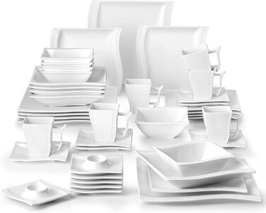 Серія Flora, 30 предметів - Набір мармурового порцелянового посуду Mness aptieka Комбінований столовий набір з 6 кавовими чашками, 6 блюдцями, 6 десертними тарілками, 6 суповими тарілками та 6 плоскими тарілками (білими, 42 штуки)