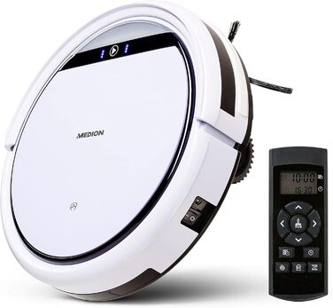 Робот-пилосос MEDION MD 18500 з базою для зарядки, білий (90 хв роботи, для твердих підлог, плитки, ламінату, оптимізований для шерсті тварин, прямий всмоктування, автоматичне повернення на базу)