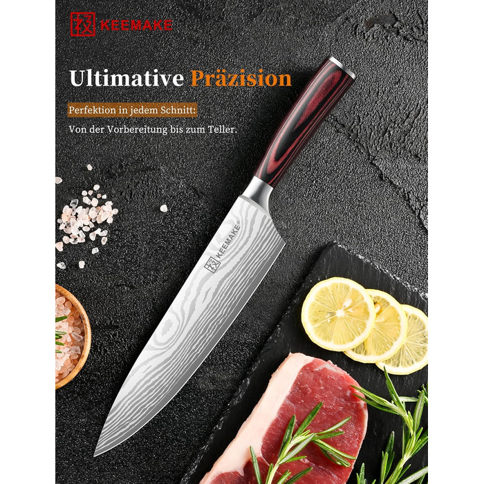 KEEMAKE Ніж кухарський 20см, професійний ніж для кухні з нержавіючої сталі з захистом леза, гострий ніж шеф-кухаря для м'яса, овочів, риби