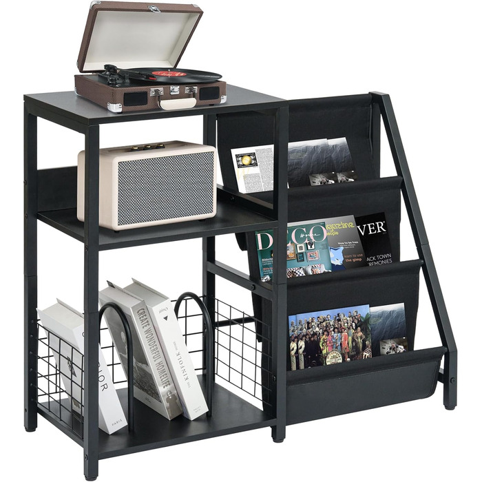 Стійка для програвача вінілу з 3-ярусним зберіганням для 200 альбомів, металевий каркас, CD та Record шафа, стійка для програвача та дерев'яна шафа для платівок для вітальні, кімнати відпочинку
