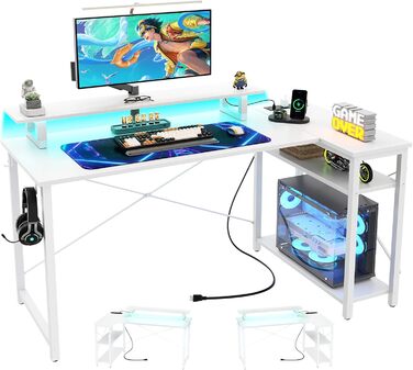 Ігровий кутовий стіл L-подібної форми з LED-підсвічуванням та розетками, 120x70 см, колір дуб (білий)