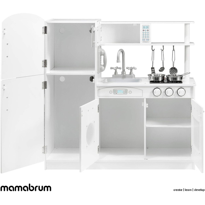Дитяча дерев'яна кухня Mamabrum з LED-підсвічуванням. Регульована висота, набір з аксесуарами (крижанка, мікрохвильова піч, плита, посудомийна машина). Іграшка для дітей від 3 років (кухня для хлопчиків та дівчаток, білий колір)