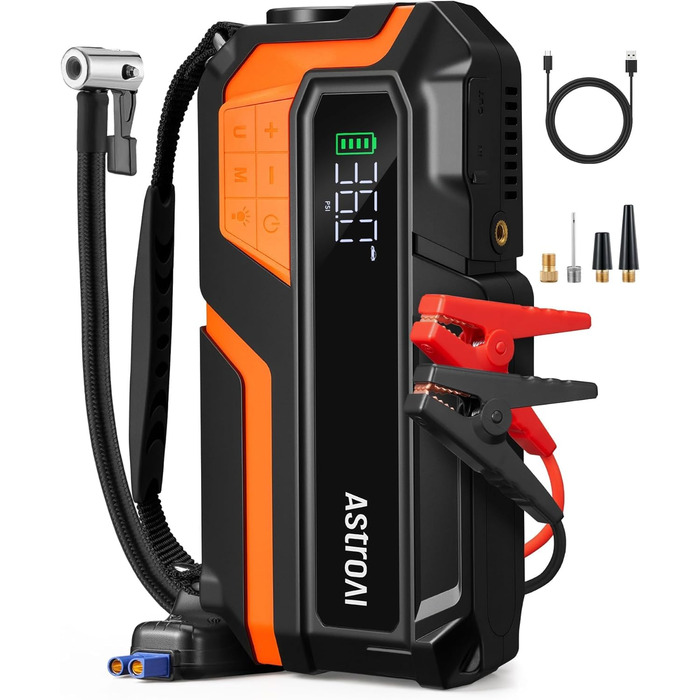 AstroAI MF16 Powerbank для запуску авто з компресором 150 PSI, 6000A, для 12V авто, мотоциклів, SUV, з LED-дисплеєм, помаранчевий