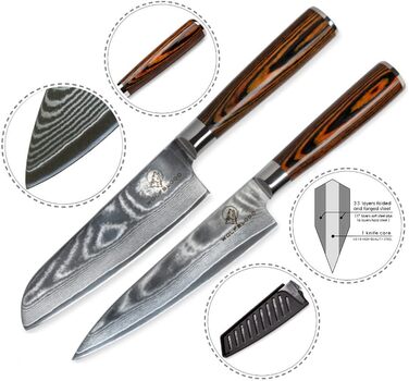 Набір кухонних ножів Дамаск Wolfblood (2 шт.) 24 см, з сертифікацією TÜV, сталь Дамаск 67 шарів, з дерев'яною ручкою, подарункова коробка, захист леза