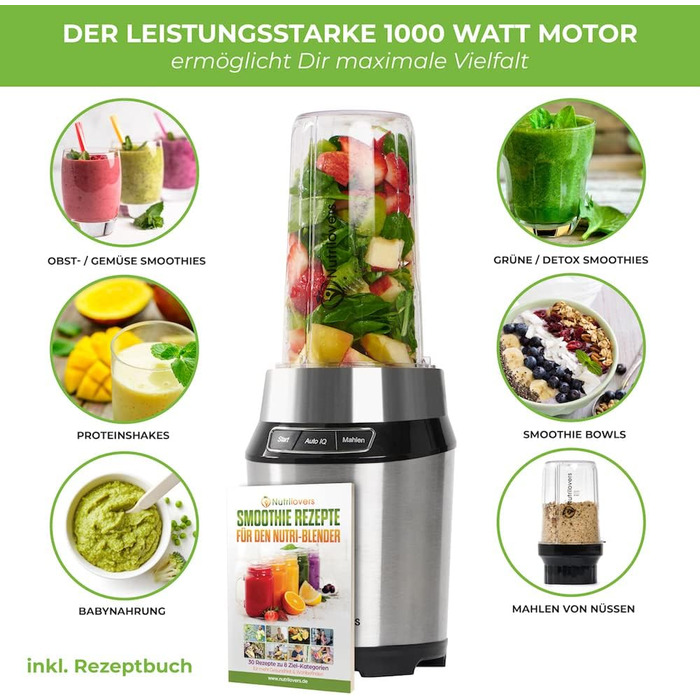 Міні-блендер Nutrilovers NUTRI-BLENDER 1000 Вт для смузі, без бісфенолу А, з книгою рецептів та аксесуарами