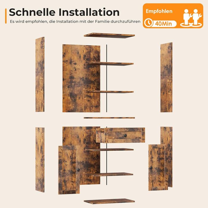 Стелаж Coleshome з дверцятами та шухлядами: 5 полиць, 48x24x164.2 см, для дому, офісу, вітальні, спальні (білий, рустикальний коричневий)